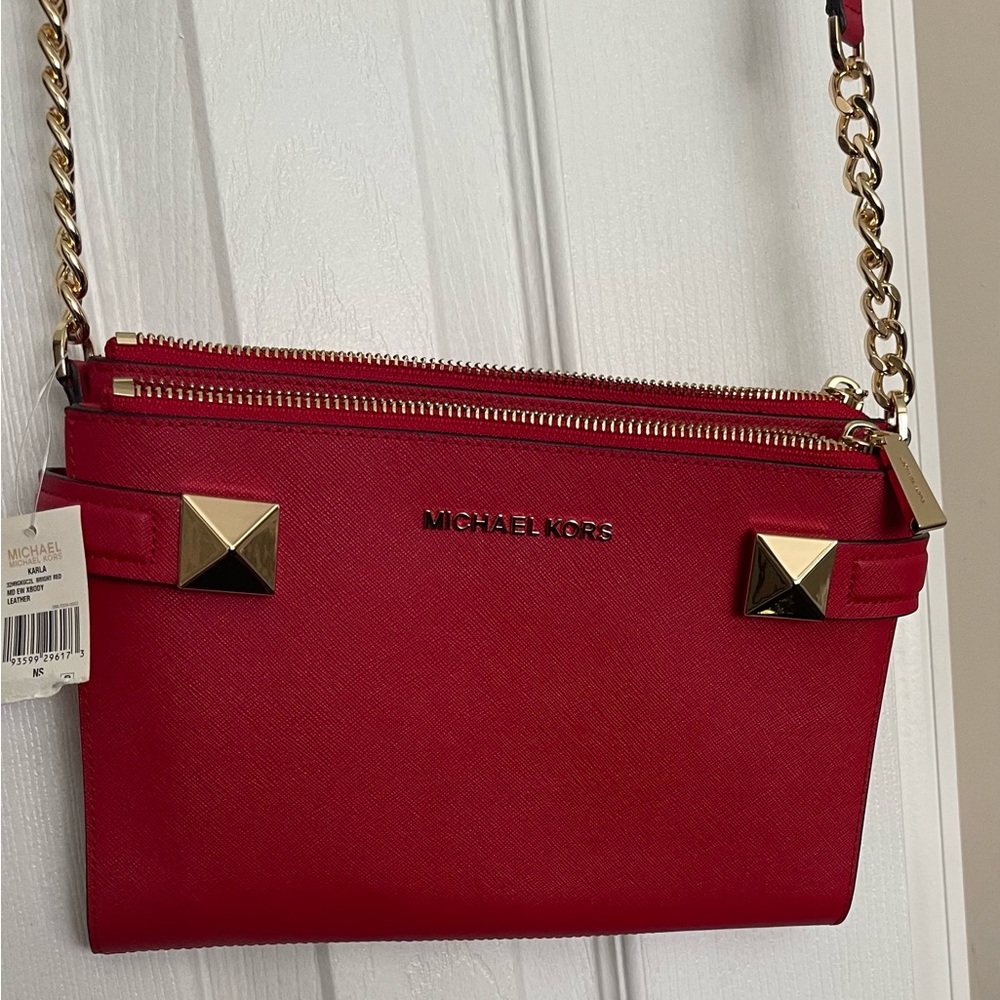 Michael Kors Red Crossbody Bag with Gold-Tone Chain and Pyramid Studs